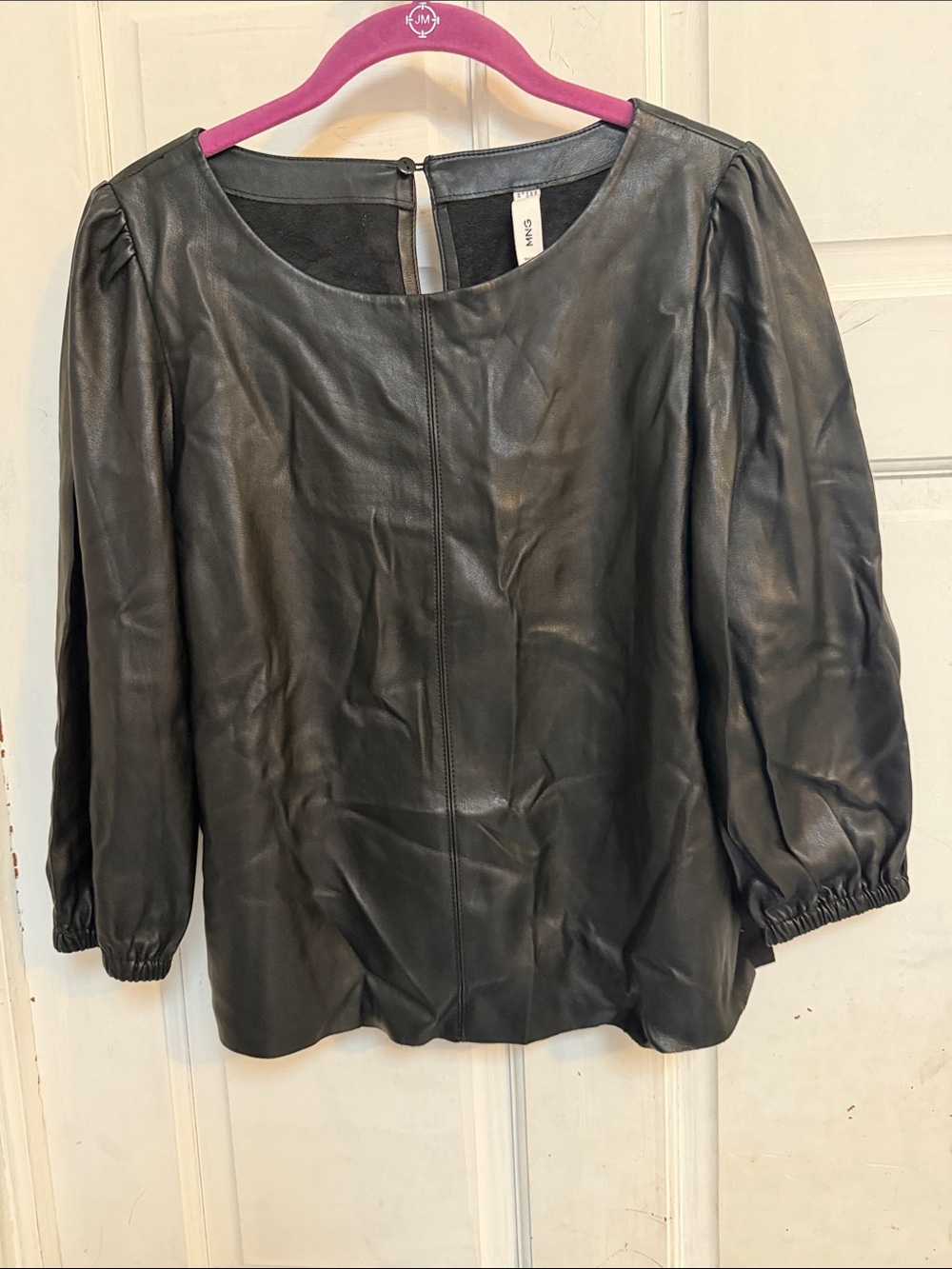 NWOT Mango Black Faux Leather Puff-Sleeve Top -XS